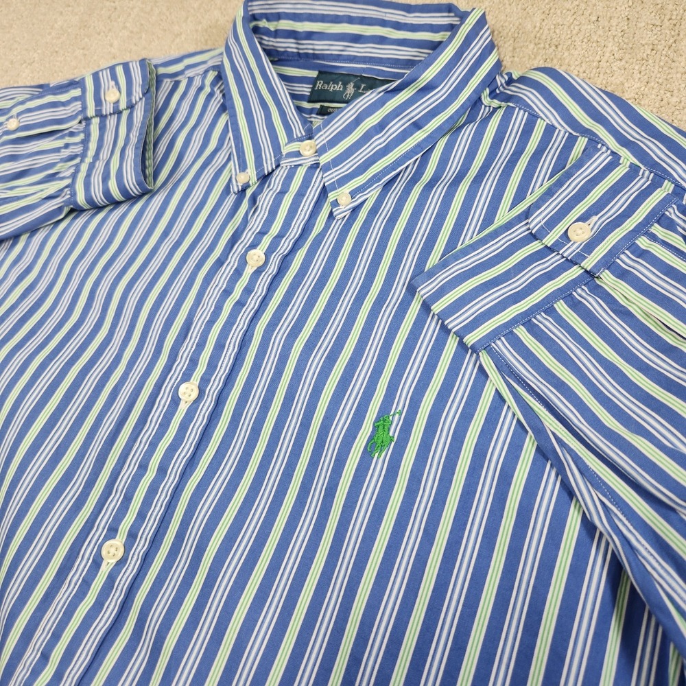 Vintage Polo Ralph Lauren Shirt Men XL Custom Fit Vertical Stripe Blue